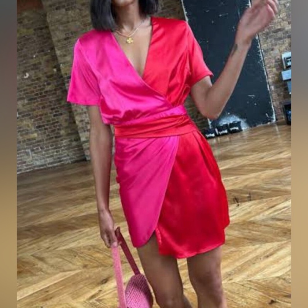 Elegant Pink and Red Wrap Dress